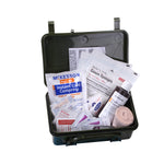 Open Rothco General Purpose First Aid Kit with contents exposed.  (instant cold compress, gauze sponges, band aids)